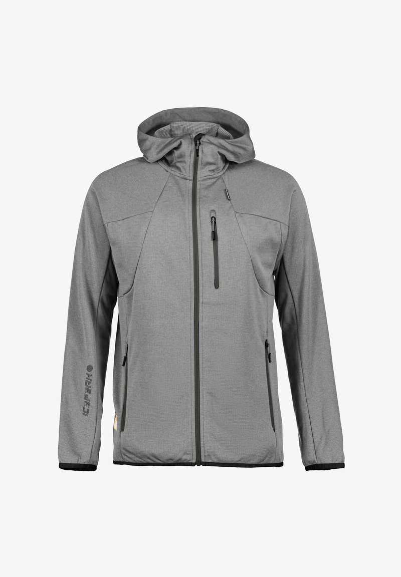 Veste softshell grise avec capuche, fermeture éclair frontale, trois poches zippées, manches longues et poignets élastiques.