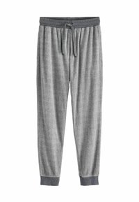 Graue Jogginghosen mit Fischgrätenmuster, schmal zulaufenden Bündchen und einem elastischen Bund mit Zugband. Weicher, strukturierter Stoff.