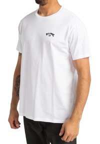 White cotton t-shirt with short sleeves, round neckline, and black embroidered logo on the chest. Smooth texture and relaxed fit.