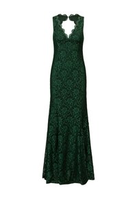 Langes, dunkelgrünes Spitzenkleid mit tailliertem Oberteil, gewelltem Ausschnitt und Blumenmuster, das einen schwingenden Rock für eine elegante Silhouette aufweist.