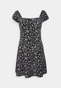 Svart klänning med små vita blommönster, puffärmar, fyrkantig halsringning och knäppning framtill. A-linjeformad med en flödande kjol.