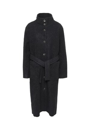 Manteau long en laine noire avec un col haut, cinq boutons sur le devant, une ceinture à nouer, des poches latérales et une finition en tissu texturé.