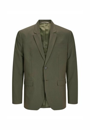 Oliven grøn blazer med en enkelt knap, slagkraver, to frontlommer og en brystlomme. Tekstileret stof med en glat inderside.