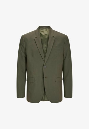 Olivenfarget blazer med en enkelt knapp, klaffelapper, to frontlommer og en brystlomme. Strukturert stoff med en glatt innerforing.