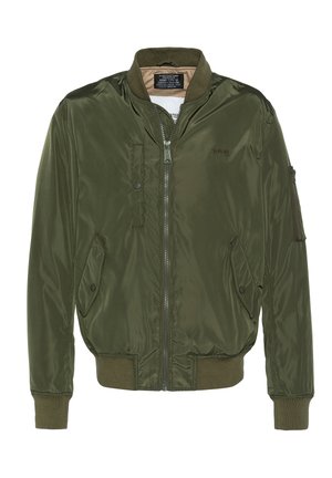 Olivengrønt bomberjakke lavet af shiny nylon, med lynlås foran, ribbede manchetter, to frontlommer og en lomme på armen.