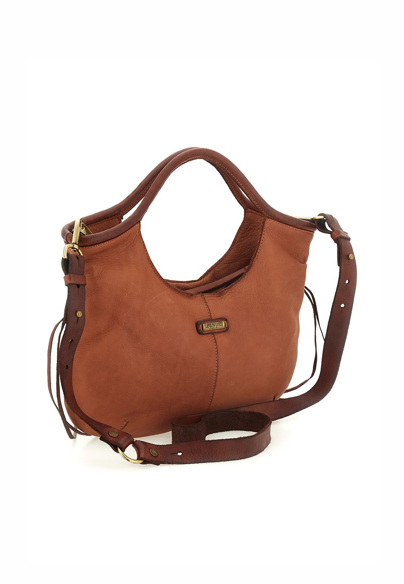 Borsa a mano in pelle marrone con una consistenza morbida, forma arrotondata, manico corto e tracolla lunga staccabile. Presenta una placca con il logo sul davanti.