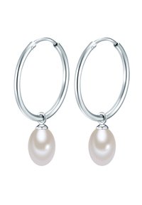 Pendientes de aro de plata con un colgante suave y perlado. Los aros circulares tienen un acabado pulido y presentan una sola perla colgante.