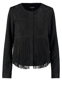 Veste en daim noir avec une coupe droite, des manches longues et un détail en frange le long de l'ourlet inférieur. Texture lisse sans fermetures visibles.