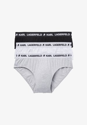 Trois slips pour hommes en noir, blanc et gris, chacun avec une ceinture de marque portant l'inscription "KARL LAGERFELD" et un logo en silhouette.