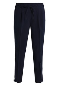 Pantalon bleu marine fuselé avec taille élastique et cordon, avec bandes blanches sur les côtés et plis sur le devant.