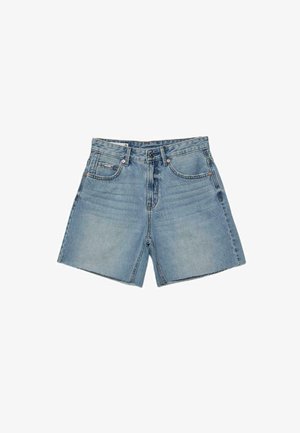 Jasnoniebieskie szorty dżinsowe z przodu na guziki i zamek błyskawiczny, dwie przednie kieszenie, szlufki na pasek oraz widoczne detale przeszyć.