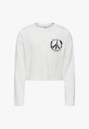 T-shirt blanc à manches longues coupé, en coton. Présente un symbole de paix avec des accents floraux en vert, rose et noir.