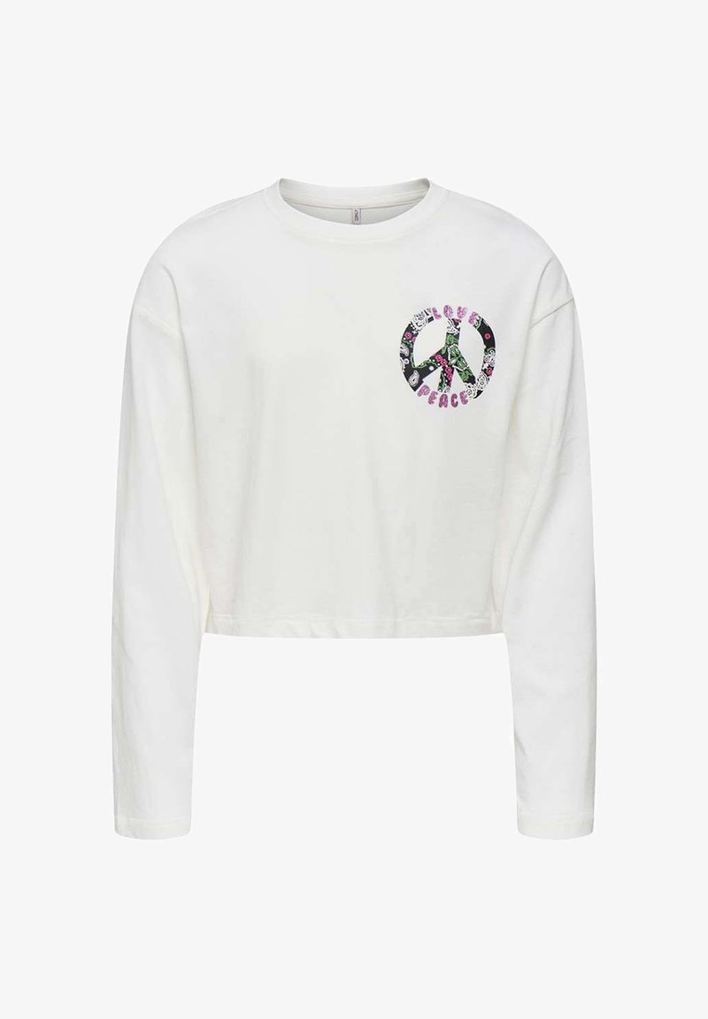 T-shirt blanc à manches longues coupé, en coton. Présente un symbole de paix avec des accents floraux en vert, rose et noir.