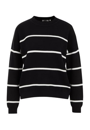 Črna jopica z vodoravnimi belimi črtami, okroglo izrezana, dolgimi rokavi in ribasto zapestji. Narejena iz mehke, teksturirane tkanine.