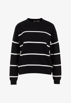 Črna jopica z vodoravnimi belimi črtami, okroglo izrezana, dolgimi rokavi in ribasto zapestji. Narejena iz mehke, teksturirane tkanine.