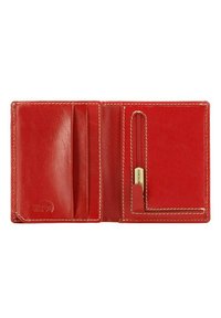 Portafoglio in pelle rossa con cuciture bianche, dotato di più slot per carte e di un compartimento con zip per monete o piccoli oggetti.