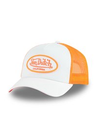 Casquette de baseball blanche avec des côtés en filet orange, arborant un patch logo orange proéminent qui indique "Von Dutch CALIFORNIA". Visière courbée.