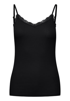 Melna topiņa ar mežģīņu apdari ap kaklu, pieguluša silueta dizains, regulējami plānie siksniņas un ribota tekstūra visā virsmā.