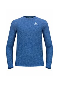Langarm atletisch shirt van blauwe textuurstof, met een ronde hals en een klein wit logo aan de bovenlinkerzijde.