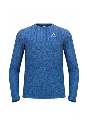 Langärmliges Sportshirt aus blauem, strukturiertem Material mit Rundhalsausschnitt und kleinem weißen Logo auf der oberen linken Seite.