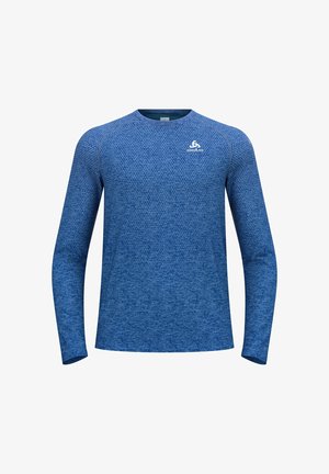 Langärmliges Sportshirt aus blauem, strukturiertem Material mit Rundhalsausschnitt und kleinem weißen Logo auf der oberen linken Seite.