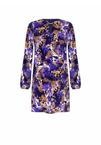 Sukienka z długim rękawem w purpurowy, brązowy i czarny abstrakcyjny wzór kwiatowy, z dekoltem w kształcie łezki i złotym łańcuszkiem.