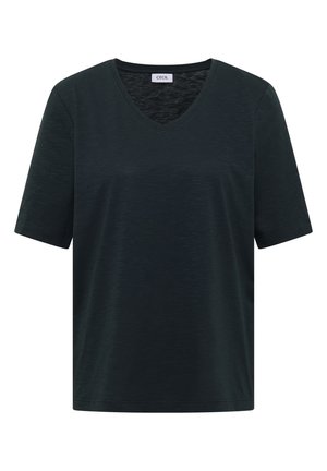 T-shirt noir à manches courtes avec col en V, design simple et une étiquette "CECIL" à l'encolure.