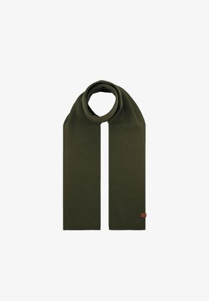 Olivgrüner gestrickter Schal mit glatter Textur, versehen mit einem aufgenähten Lederschild und klassischer Form. Die Länge entspricht ungefähr dem Standard für Schals.
