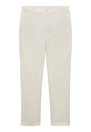Light beige trousers made of smooth fabric, featuring a straight cut, two front pockets, a zip fly with a single button closure.