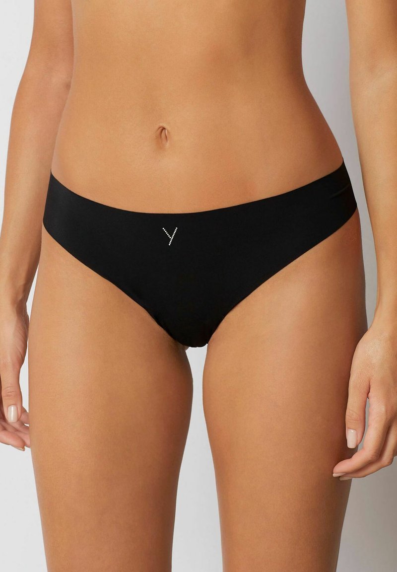 Black hipster panties with a smooth finish, featuring a minimalist design and a small, subtle logo detail at the front center.