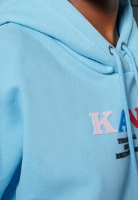 Sudadera azul claro con cordón, que presenta grandes letras bordadas en rosa, azul y rojo. Textura de tela suave, diseño casual.
