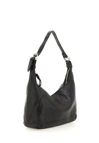 Borsa a tracolla in pelle nera con forma morbida, tracolla regolabile e dettagli con zip esterni. La superficie testurizzata aggiunge profondità al design.