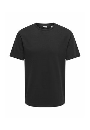 Sort T-shirt med korte ærmer og rund hals, synligt syning og mærke indeni kraven.