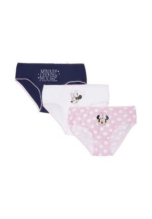 Trois culottes de filles avec Minnie Mouse : une marine avec texte, une blanche avec la tête de Minnie et un nœud, et une rose avec des pois blancs et le visage de Minnie.