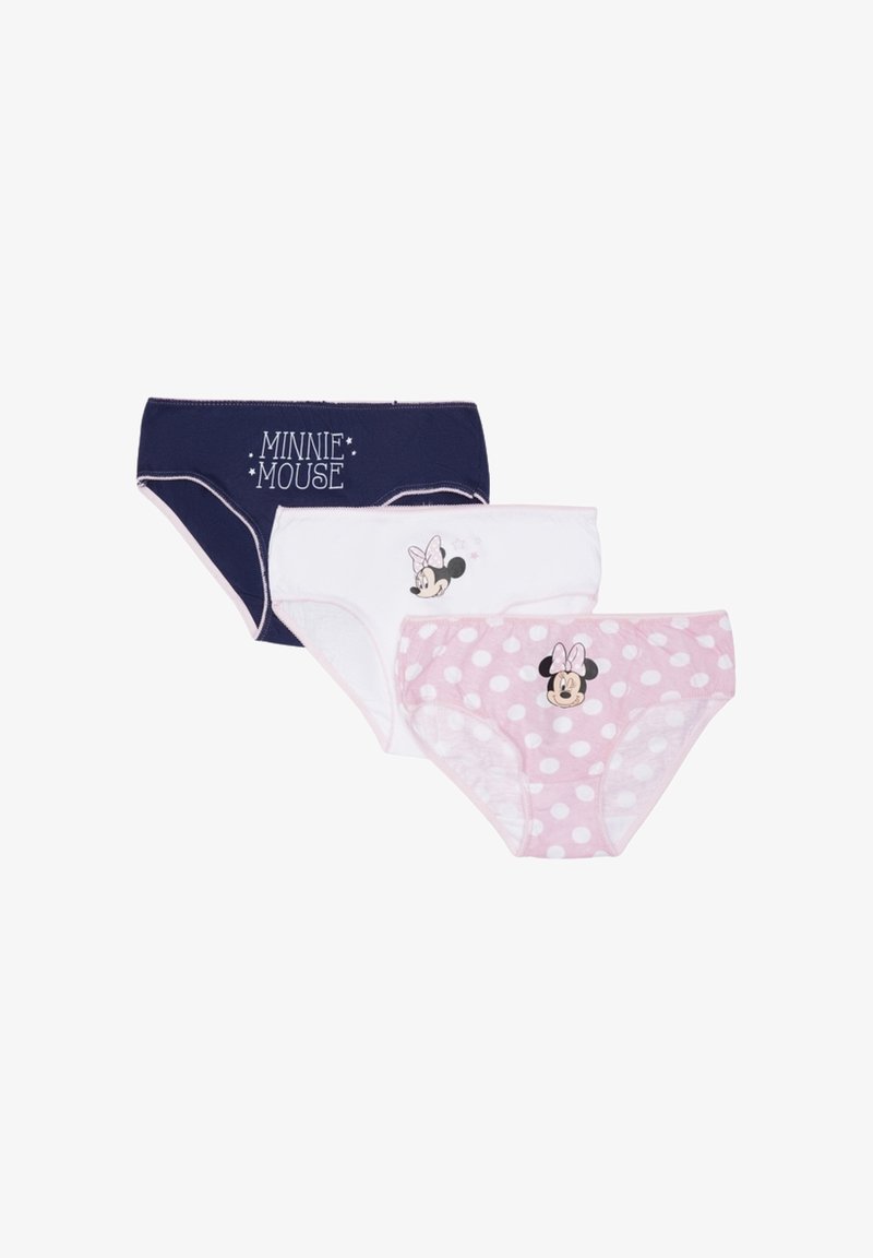Tre mutandine per ragazze con Minnie Mouse: blu scuro con testo, bianca con la testa di Minnie e il fiocco, e rosa con pois bianchi e il volto di Minnie.