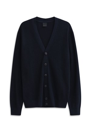 Navyblauer Cardigan aus Strickstoff, mit V-Ausschnitt, durchgehender Knopfleiste mit sechs großen schwarzen Knöpfen und gerippten Bündchen und Saum.