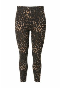 Leggings a stampa leopardata con materiale elasticizzato, vita elastica e design aderente nei toni marroni e neri.