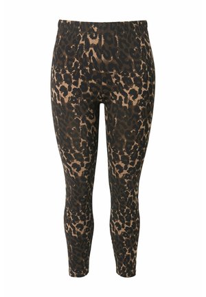 Leggings à imprimé léopard avec un matériau extensible, une taille élastique et une coupe ajustée dans des tons de marron et de noir.