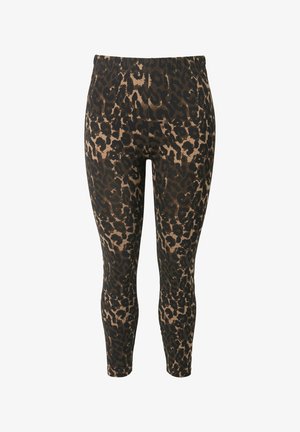 Leopard-Print-Leggings aus dehnbarem Material, mit elastischem Bund und körpernahem Schnitt in Braun- und Schwarztönen.