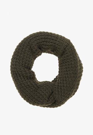 Donkergroene gebreide infinity-sjaal met dikke, grove garen en een zacht, gestructureerd patroon, plat weergegeven in een cirkelvorm.