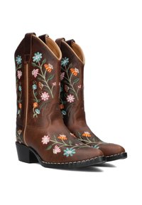 Brown leather cowboy boots featuring colorful floral embroidery, with a pointed toe, stacked heel, and contrast stitching along the sole.