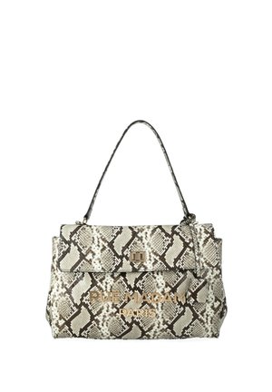 Borsa con motivo in pelle di serpente bianco e nero, manico singolo, patta frontale con fermaglio in metallo e scritta dorata "RUE MADAM PARIS".