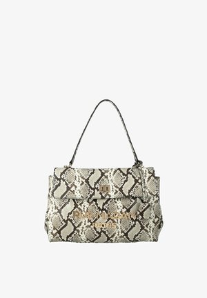 Borsa con motivo in pelle di serpente bianco e nero, manico singolo, patta frontale con fermaglio in metallo e scritta dorata "RUE MADAM PARIS".