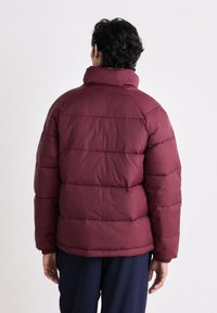 Burgunderfarbene Pufferjacke mit hohem Kragen, ausgestattet mit einem gesteppten Design und leicht glänzendem Stoff. Über marineblauen Hosen getragen, von hinten betrachtet.