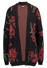 Cárdigan de abertura frontal con un cuerpo de punto negro y patrones florales rojos, una capa interior marrón texturizada y puños y dobladillo acanalados.