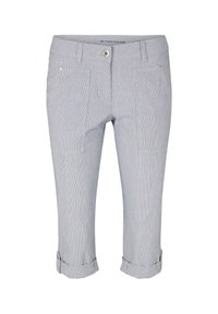 Pantalones cortos de rayas azul claro con dobladillo enrollado, que cuentan con bolsillos frontales y cierre de botón, confeccionados en una suave mezcla de algodón.