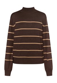 Brauner Pullover mit hohem Kragen, der horizontale beigefarbene Streifen aufweist. Lange Ärmel mit gerippten Bündchen, weicher Textur und lockerer Passform.