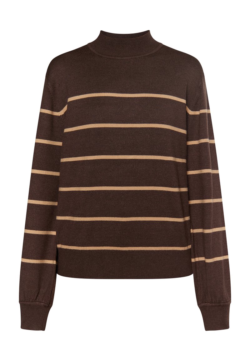 Brauner Pullover mit hohem Kragen, der horizontale beigefarbene Streifen aufweist. Lange Ärmel mit gerippten Bündchen, weicher Textur und lockerer Passform.