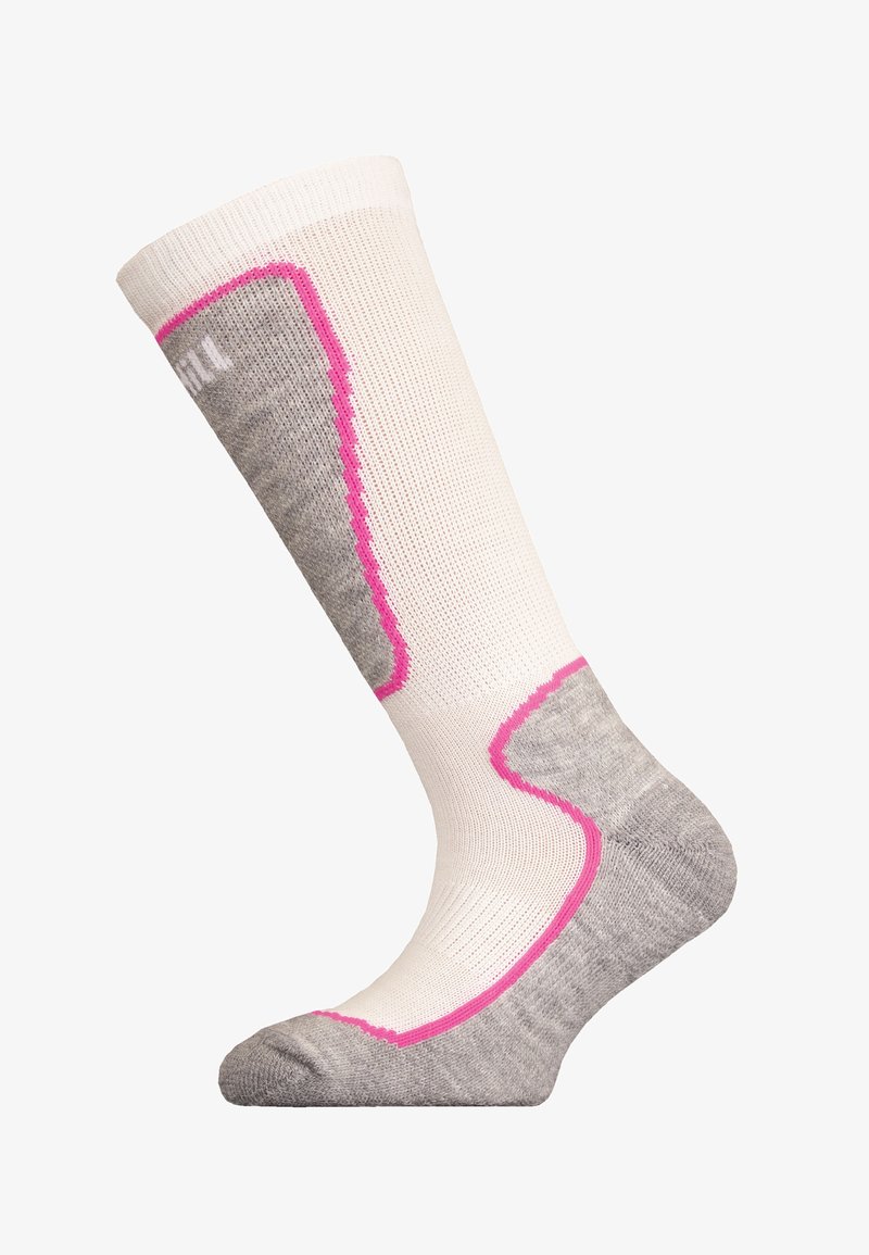 Knee-high sock with a white upper and grey foot. Features pink accents and a textured pattern, designed for comfort and support.