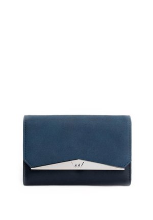 Navy blue wallet made of leather with a smooth texture, featuring a silver metal accent and a sleek envelope-style flap.
